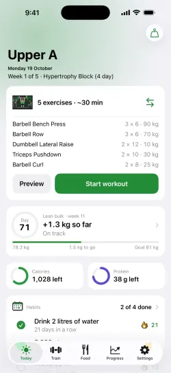 Platesmith's Today screen, with the day's workout and food targets